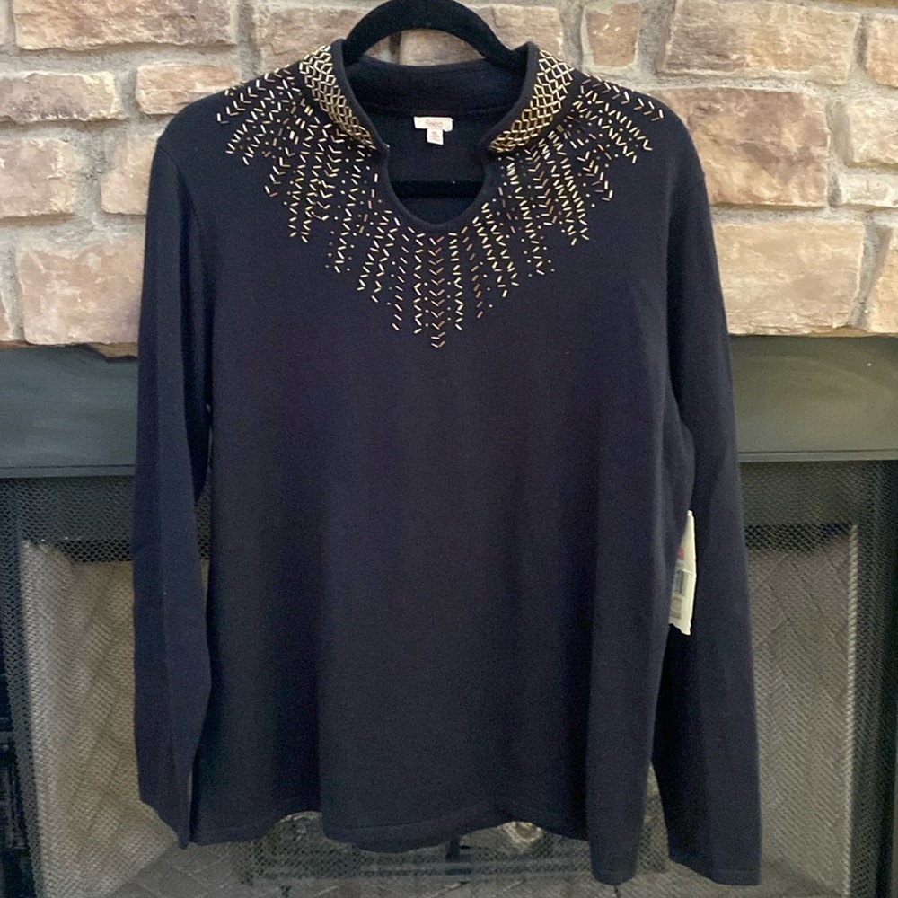 NWT Reba black sweater with gold and bronze embellishments. Size XL